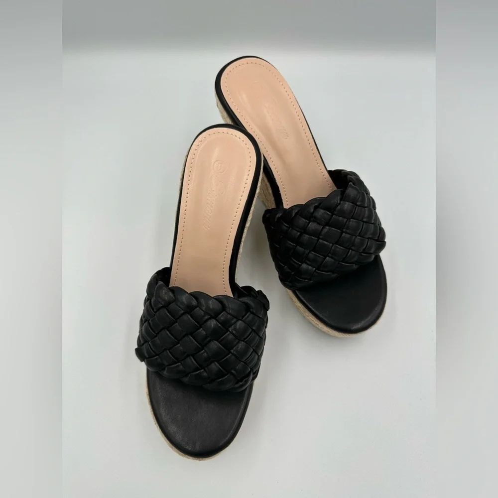 Black & Cream Braided Wedge Espadrille Platform Slides | Size 8 Summer Shoes
